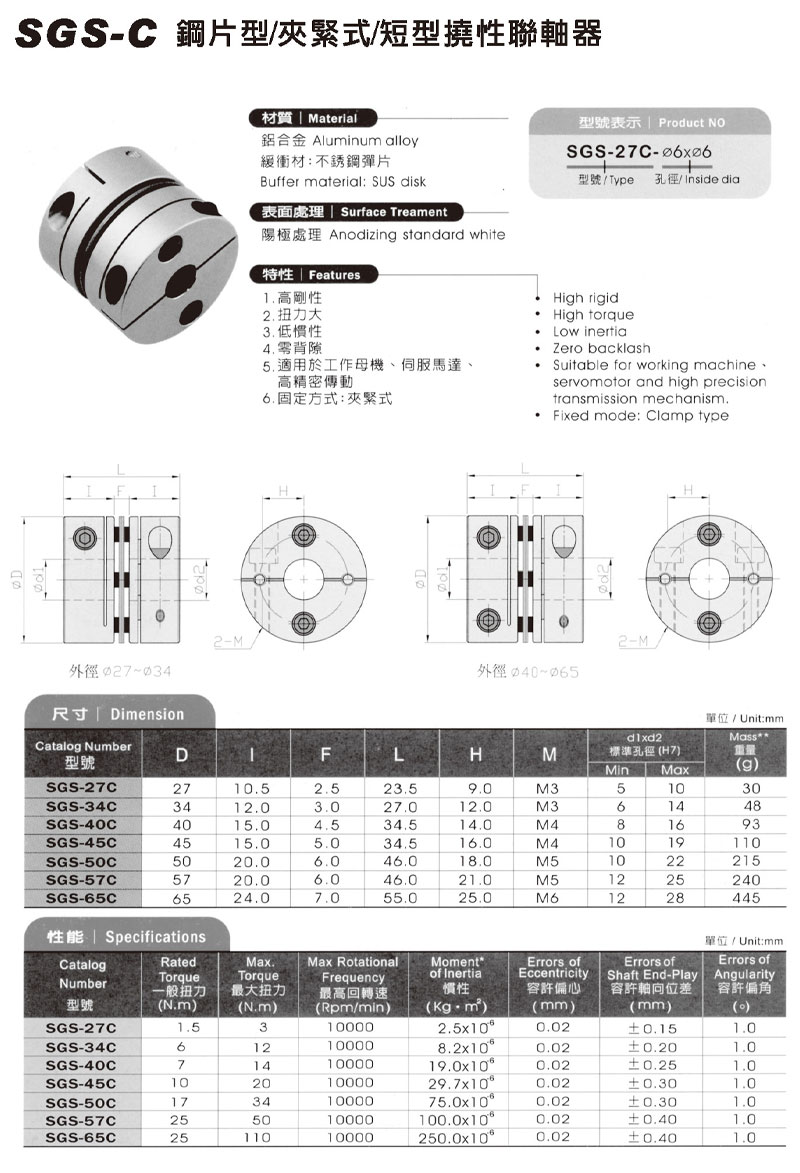 SGS-C 鋼片型 / 夾緊式 / 短型撓性聯軸器